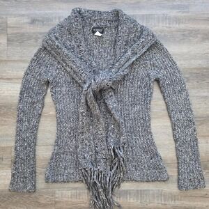 NADO Cashmere Wool Blend Fringe Scarf Sweater Grey Marled Knit Large